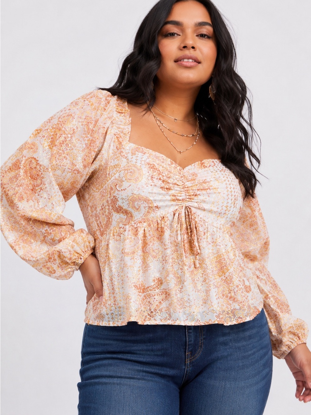 Arula Gold Foil Paisley Smocked Peasant Blouse Boho Ruffle Top Size C 3X